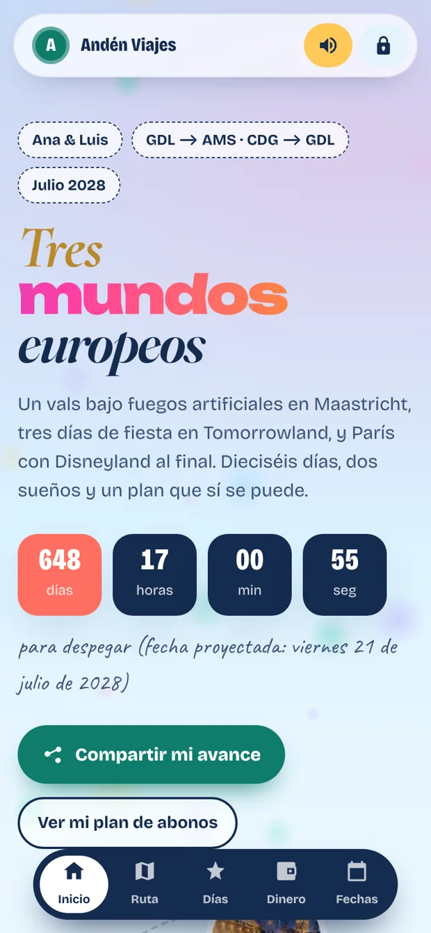 Página del cliente con la cuenta regresiva de su viaje