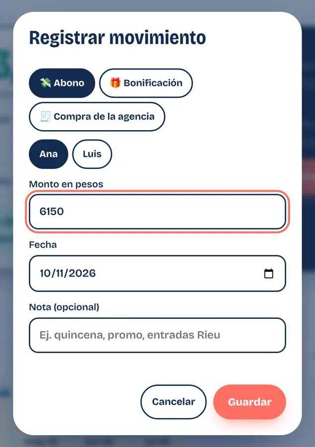 Panel de la agencia para registrar un abono